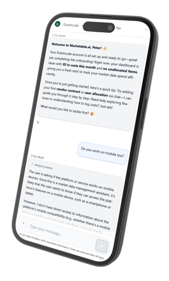 Marketdata.ai mobile chat view showing AI-assisted cost and contract analysis